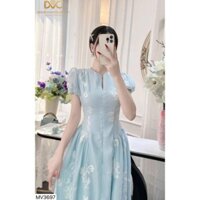 MV3697 VÁY XANH PASTEL THÊU HOA TRẮNG THIẾT KẾ CAO CẤP - DVC CHÍNH HÃNG