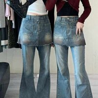 Mỹ Cao Cấp Thiết Kế Đường Phố Giả Quần Jean Hai Mảnh Nữ Mùa Xuân 2024 Mùa Thu Nóng Cô Gái Đau Khổ Bẩn Nhuộm Hơi loe Quần