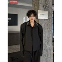 Mỹ cleanfit Đen Đính Hạt Vai Ngắn Có Đệm Áo Khoác Nam Xuân Thu Xù Đẹp Trai Cao Cấp Trang Trọng Vai Ve Áo Khoác