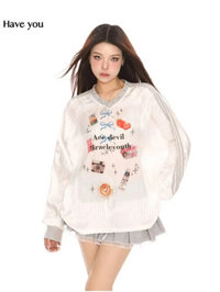 Mỹ Cổ Chữ v Đinh Tán Hoa Văn Nhiều Màu Sắc Tương Phản Màu Sắc Phong Cách Thể Thao Jersey Áo Thun Nam Nữ Đầu Thu Áo Phong Cách Mới