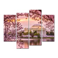 My Easy Art- Washington Wall Art Decor Jefferson Memorial Surrounded by Cherry Blossoms Canvas Pictures Artwork 4 Panel Spring Landscape Painting P...