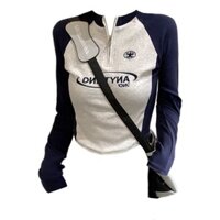 Mỹ Hot Girl Áo Thun Nữ Vai Trước Nữ Tay Dài Thu Chữ Slim-Fit Dây Kéo Đế Bên Trong Áo Sơ Mi Phong Cách Ngắn Khâu Top 2.13