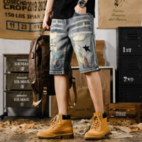 Mỹ Mùa Xuân Nặng Thêu Denim Quần Short Nam Rách Giữa Quần Áo Năm Điểm Thường Ngày Rời Lớn
