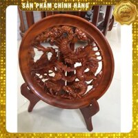 [Mỹ Nghệ Đồng Kỵ] Đĩa tứ linh gỗ xà cừ gồm bốn con vật phong thủy long ly quy phượng mang tài lộc vào nhà, đường kính 30