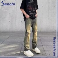 Mỹ Retro Cleanfit Đau Khổ Bùn Vàng Nhuộm Rách Quần Jean Nam Đường Phố Cao Cấp Phong Cách Vibe Quần Ống Thẳng