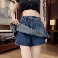 Mỹ Retro Denim Quần Short Váy Xếp Ly Xù Cao Cấp Hoa Bud Váy Nữ Giả Hai Mảnh Chữ a Quần Short 12.15