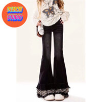 Mỹ retro hottie bootcut jeans cho phụ nữ 2024 mùa thu đông phong cách mới kẻ sọc mỏng vừa vặn nối quần ống loe dài