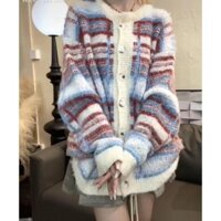 Mỹ Retro Màu Sắc Tương Phản Không Khí Áo Len Dệt Kim Nữ Rời Ôm Hơn Nhìn Thiết Kế Cardigan Áo Khoác