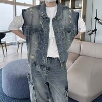 Mỹ Retro Rửa Mặc Ngắn Denim Áo Vest Nam Không Tay Hợp Thời Trang Đẹp Trai Top