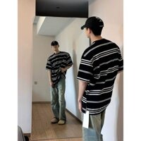 Mỹ Retro Sọc Đen Trắng Khâu Áo Thun Ngắn Tay Nam Hợp Thời Trang Cotton Nguyên Chất Lười Phong Cách Nửa Tay Top All-Match 2.8
