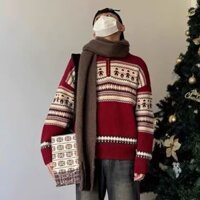 Mỹ Retro Sọc Nửa Dây Kéo Ve Áo Len Nam Mùa Đông Rời Thường Ngày Phù Hợp Với Dày Đỏ Đan Áo Len Nam m-2xl