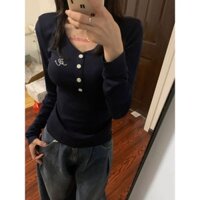 Mỹ Retro Thêu Nút Dài Tay Áo Thun Nữ Thu Đông Phong Cách Mới Slim-fit Ôm Hơn Nhìn Ngọt Ngào Nóng Cô Gái Sang Trọng Đế