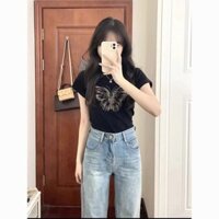 Mỹ Retro Vai Trước Bướm Tay Ngắn Đen Áo Thun Nữ Dạo Phố Hot Girl Slim-Fit