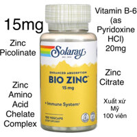 [MỸ] Viên Bio Zinc 15mg 100 viên Solaray kẽm (from Zinc Citrate, Zinc Picolinate, Zinc Amino Acid Chelate Complex) B-6