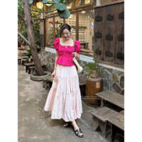 [Mya house] Set áo linen nhún chân váy midi tầng hồng