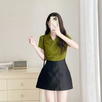 MYAN DESIGN Áo Sơ Mi Croptop Tay Cộc Buộc Vạt Chéo Chun Lưng Cổ V Nữ Tính Màu Xanh Đủ Size Avn062305
