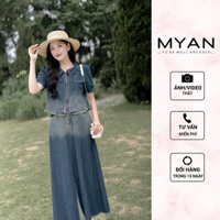 MYAN DESIGN Áo Sơ Mi Jeans Nữ Tay Ngắn Kèm Chân Váy Jeans Xẻ Trước Khóa Kéo Viền Tua Rua A042404 V042409