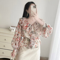 MYAN DESIGN Áo Voan Họa Tiết Hoa Cổ Bèo Dài Tay Nữ Tính Sơ Mi Nữ Tay Bồng Cổ Tim Phối Bèo Điệu Đà Avn052302