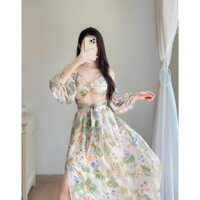 MYAN DESIGN Set Đồ Nữ Áo Hoa 2 Dây Trễ Vai Thắt Nơ Bụng Chân Váy Dài Xẻ Trước Chất Voan Khóa Sau Dây Buộc Lưng Svn052301