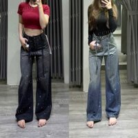 [N062-NaNa Denim Fashion] Quần Jean Suông đính đá 2 màu xanh loang, đen loang chất vải QCCC dài 104cm ống 27cm