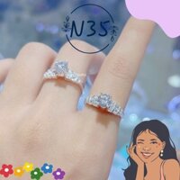 N35 Nhẫn đai bầu gắn đá CZ tròn Bạc thật Thiên Cát s950