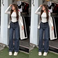 [N698-NaNa Denim Fashion] Quần Jean suông túi rách màu xanh đậm bụi chất vải QCCC dài 105cm