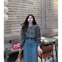 N9 set áo sơ mi kẻ chân váy jean mài vintage