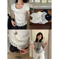 [Naa.bynia]-Áo thun cổ vuông phối ren style 🇰🇷-A002