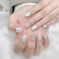 Nail box móng tay giả ngắn hàn quốc tiểu thư nhẹ nhàng thanh lịch đính đá charm nơ trắng cô dâu