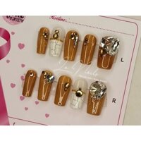 ♘Nail box thiết kế giá rẻ - Móng úp tone thạch nâu cam đất, đính đá khối cao cấp design lanails.vn