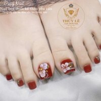 Nail box thiết kế móng chân màu đỏ, nail hoa nổi đính đá- Móng giả thiết kế