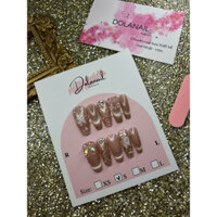 Nail Box Thiết Kế, Móng tay giả dự tiệc, sơn hồng nude và mắt mèo ánh trăng,Charm nơ, form thang(A20)