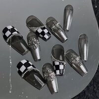 Nail Box thiết kế theo yêu cầu - thạch đen tráng gương charm chữ thập cá tính chrome heart