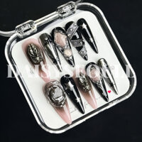 Nail box y2k đen hồng ver 3 charm thỏ - móng tay giả y2k màu đen hồng xinh