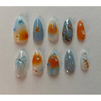 Nailbox [680] - Móng tay giả thiết kế❣️Mẫu xinh nền tráng gương ngọctrai✨ loang màu cam xanh ✨🌷