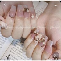 Nailbox Bộ 24 móng tay úp thiế kế sẵn màu thạch nude phối hoa bột & đính đá (keo và dũa)