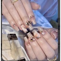 Nailbox/ Bộ 24 móng úp tay thiết kế sẵn màu thạch nude phối hoa đá nhẹ nhàng đơn giản + keo dũa