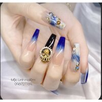 Nailbox Bộ 24 móng úp tay thiết kế sẵn màu xanh đậm phối charm đá hình kim cương & vân loang ( + keo , dũa)