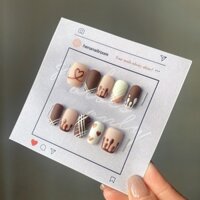Nailbox - Móng Tay Giả Dài, Mẫu Màu Nâu vẽ Chôclate Matte, Móng Cao Cấp Siêu Bền và Bóng, Hàng Y Hìnau