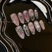 Nailbox móng úp dán thiết kế theo yêu cầu màu hồng thạch mix tráng gương charm thỏ vừa cá tính vừa đáng yêu