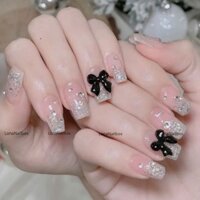 Nailbox móng up sơn thạch hồng kim tuyến bạc đầu móng đính đá rơi và nơ đen