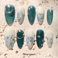 #nailbox - móng úp sơn thạch xanh trắng ẩn kim tuyến đính đá