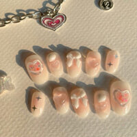 NAILBOX MÓNG ÚP THIẾT KẾ - Sơn GEL trắng hồng loang, vẽ nổi trái tim, charm nơ nhũ lấp lánh dễ thương