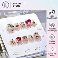 Nailbox Móng Úp Thiết Kế Sơn Thạch Đính Đá Trái Tim Lấp Lánh Form Vuông Ngắn Móng Giả Cao Cấp 052