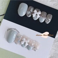 Nailbox - Set 10 Móng Tay Giả Dài, Mẫu Màu Xanh Trắng Đính Charm Nơ