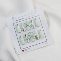 Nailbox - Set móng tay giả, mẫu đính nơ màu xanh hot hit, móng cao cấp siêu bền