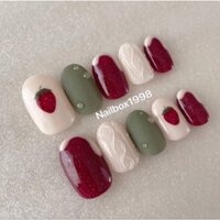 Nailbox thiết kế theo yeu cau móng tay giả màu đỏ xanh trắng vẽ dâu tây và gel nổi