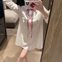 NAKH Thom Browne tb college style striped ribbon long sleeve Polo collar mid-length shirt Women's Hong Kong style casual age-reducing shirt dress