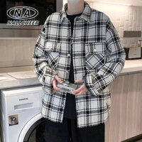 NALLCHEER Áo sơ mi dài tay ca rô nam, áo khoác công sở len dáng rộng phong cách Hồng Kông, áo khoác