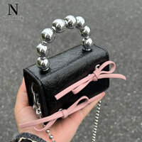 Nallcher Túi Xách Da PU Mini Đính Nơ Phối Dây Xích Thời Trang Cho Nữ